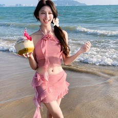 女士比基尼三件套掛脖花朵分體泳裝