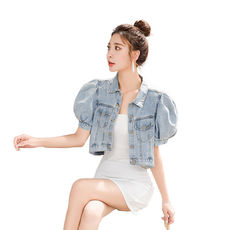 여성용 여름 벌룬 소매 쇼트 데님 재킷 반팔 데님 코트