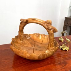 奢尚匯品 香樟木老料 整木手工鵰刻 荷葉造型 水果盤/果籃, 香樟木--圓形荷葉果籃/30*29*22, 1個