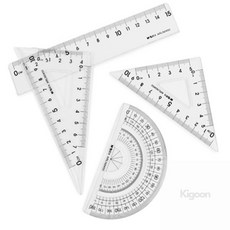 Kigoon 투명 문구 각도기 삼각자 4종세트 교육용품 투명자15cm