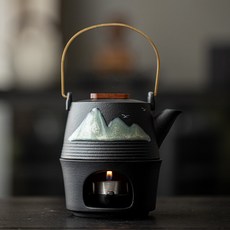 暖茶器套組，適用於茶壺溫茶爐底座，家用茶道圍爐烤茶, 黑陶溫茶爐 提梁壺(遠山款) 送蠟燭10