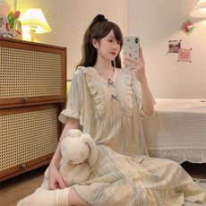 여성용 여름 반팔 잠옷 세트 순면 거즈 얇고 시원한 빅사이즈 홈웨어 상하의 프린트