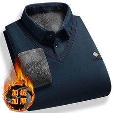 毛衣上衣男長袖polo衫打底上衣秋冬加絨加厚羊毛衣寬鬆休閒翻領t恤中年爸爸商務正裝假兩件馬甲襯衫大尺碼刷毛保暖針織不起球, L(建議體重50-60kg), 加絨墨綠色