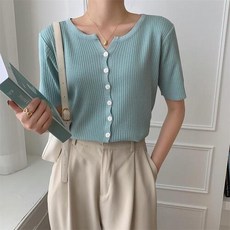 키작녀 상의 여성 데일리룩 싱글 여자 니트 반팔 여친 캐주얼 단추 가디건 카디건 여름 라운드 루즈핏 OPH2