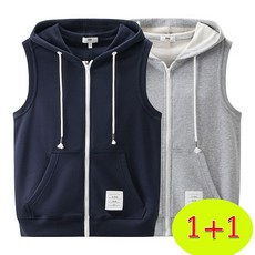 ORZQU 1+1 남성용 심플 후드집업 조끼 민소매 가디건 오버핏 트레이닝 베스트