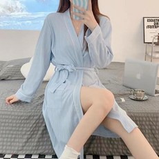 浴袍 中長款純色長袖睡袍, 睡袍886藍色,2XL 70.0-82.5公斤