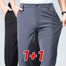 Izeriel 1+1 정장 바지 남성 여름 슬림핏 아이스 실크 정장 슬랙스 블랙 직선핏 비즈니스 캐주얼 바지 구김 방지 기능성 팬츠