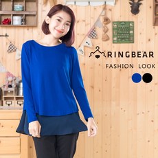 眼圈熊 中大尺碼優雅氣質船領長袖修身剪接厚感雪紡假兩件上衣, 黑3L, 黑