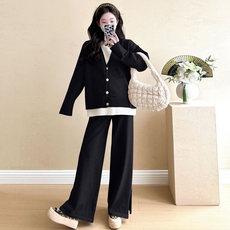 임산부 긴바지 투피스 세트 봄 가을 캐주얼 긴팔 니트 상의 + 와이드 팬츠 세트 데일리룩 JS