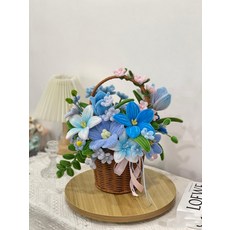 모루장식 해바라기 꽃바구니 웨딩 캐릭터 노란색 철사, 블루 튤립
