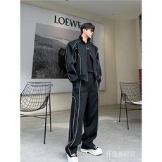 高級感痞帥休閒運動套裝男寬鬆設計感開衫夾克闊腿褲兩件套, 黑色,M