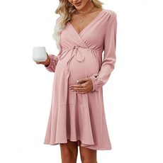 [ 1173545 ] MISSKY 여성용 긴소매 임산부 드레스 무릎 길이 랩 드로스트링 수유 라운지 핑크