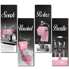 4피스 욕실 장식 벽 아트 농가 사진 Soak Unwind Relax Breathe 나무 걸이 표지판 홈 스파 세탁용(클래식 블랙 실버 40.9 x 14.9cm(15.7 5, 러스틱, 블랙 핑크
