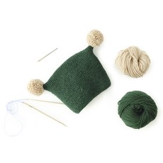 신생아 사이드 폼폼 모자 - Knitting Kit, 포레스트그린/베이지, 1개