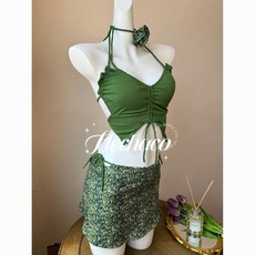 新款高顏值甜辣蝴蝶比基尼四件套 小胸聚攏度假風性感泳衣, 綠色（送頸花）,m