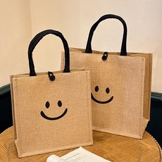 [2개세트] 컬러인베리 스마일 린넨 캔버스 쇼핑백 토트백 에코백