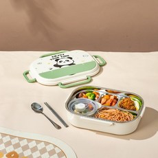 卡通304不鏽鋼保溫飯盒 便攜分格便當盒, 1個, 新熊貓5格1550ml+筷勺+湯碗