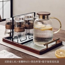 中式玻璃水盃套裝傢用茶盃套裝 耐高溫耐熱喝水盃 防燙客廳待客整套 茶杯套裝 高檔輕奢 家用C6WU389990, 靈韻壺+束腰杯6只+黑架+實木窗花盤, 1個