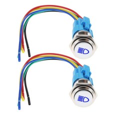 EMagTech 2피스 16mm 크롬 푸시 버튼 스위치 배선 하네스 12V 3A LED 조명 IP65 하이 빔 토글 블루 253948 8741708141