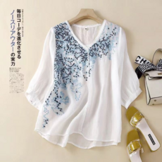 夏日風情棉麻刺繡上衣 顯瘦寬鬆半袖T恤