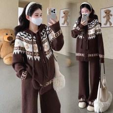 임신부 추동 세트 가을 겨울 임부복 캐주얼 니트 가디건 아우터 + 와이드 팬츠 패션 빅사이즈 도톰 투피스 SJS