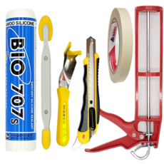 욕실용 바이오 실리콘 보수 세트(실리콘 백색+건+양날헤라+테이프+제거기+커터칼) 총 7종, 1세트