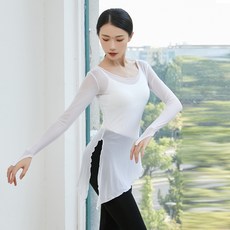 손고리 긴팔 댄스망사 상의 맨투맨 발레 클래식 댄스 라인라틴 트레이닝복 SH163, 화이트