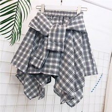 체크 허리 남방 셔츠 레이어드용 밴딩 허리 치마 블랙 프리사이즈 스커트 댄스복 패치