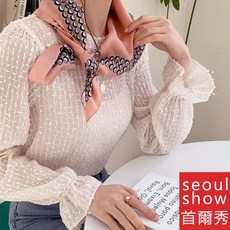 seoul show 珍珠項鏈印花方領巾 仿真蠶絲緞面頭巾 多功能時尚配飾