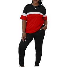 LovelyWholesale 플러스 사이즈 여성용 투피스 의상 컬러 블록 트랙수트 반소매 상의와 바지 세트 레드 N 4XL 123057