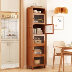 대나무 원목 주방 틈새 수납장 아크릴 투명 도어 다용도 캐비닛 슬림형 렌지대 식기 선반 거실 장식장, 문 6단 43cm 깊이추가 폭32cm