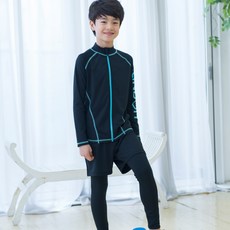 ELINBOA 男童拉鍊式長袖防曬泳衣+假兩件式內搭泳褲套裝