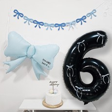 올리브파티 파스텔 빅리본 레터링 발레코어 블랙 숫자 6 풍선 생일파티용품 세트, 블루, 1세트