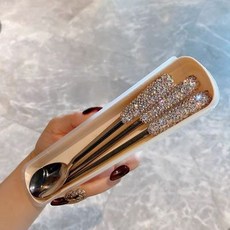 精品上新 奢華鑲鑽不鏽鋼筷子勺子套裝一人食學生上班族便攜式餐具收納盒 上新, 1個, 奢華鑽不鏽鋼筷子勺子套裝