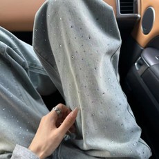 淺藍色直筒牛仔褲女2025春秋新款燙鑽設計高腰寬鬆顯瘦窄版闊腿褲