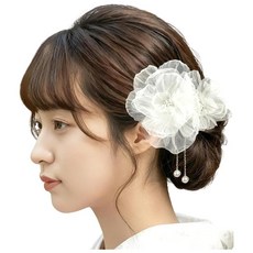 유카타 머리 장식 진주 꽃 헤어클립 적절한 일본풍 와복 성인식 아이 결혼식 칠오삼 불꽃놀이 대회 졸업식 (화이트)