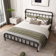 철제침대 북유럽 조립식 평상형 인테리어 엔틱 원룸 받침대 침대프레임 철제침대프레임 침대틀, 1200mmx2000mm, 로우테일 블랙+10cm 코코넛