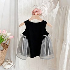 女童無袖背心裙夏款寶寶赫本風公主裙拼接蓬蓬紗裙蝴蝶結小黑裙潮