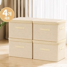뚜껑있는 패브릭 리빙박스 접이식 옷정리 수납함 골지 손잡이 적층 보관함 다용도 정리함 4개, 베이지