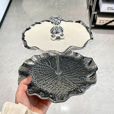홈파티 2층 과자 다과접시 나눔접시 원형 플레이팅, 은회색화이트 소형 2단, 1개