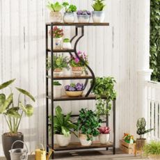 WISFOR 빈티지 인더스트리얼 5단 화분 진열대 플랜테리어 철제 선반, 브라운