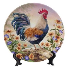 Bictucem 수탉 장식 접시 스탠드 20.3cm(8인치) 스톤 위의 원형 디스플레이 플레이트 스탠드가 있는 홈 워블 주방 파티 커피 테이블 아트, 수탉 온 스톤
