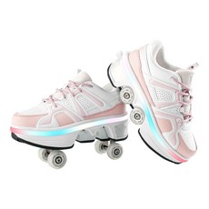 축소 가능한 롤러스케이트 성인 롤러스케이트 4륜 스케이트 밤에 빛나는 LED등 롤러스케이트, 흰분홍색505, 1개