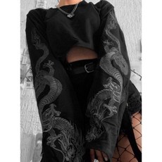 Sweetown 2020 가을 크롭 스웻셔츠 드래곤 프린트 긴팔 풀오버 블랙 캐주얼 고딕 스트리트웨어 한국 패션