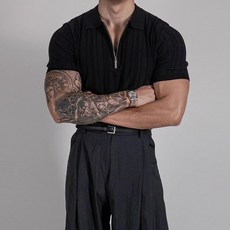 ANYOU 남자 머슬핏 반집업 티셔츠 어깨넓어보이는 니트반팔 반팔티