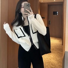 림블리 LB7044 스탠드넥 라인 배색 포켓 니트 집업