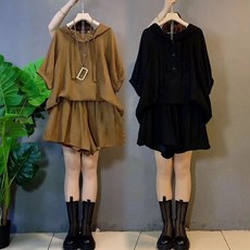 S-8XL 大尺碼休閒套裝女夏寬鬆連帽短袖上衣短褲兩件套，大碼300斤顯瘦時尚運動套裝