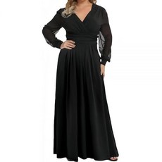 RED DOT BOUTIQUE 704 - 플러스 사이즈 가을 메시 긴소매 브이넥 와이드 웨이스트 A라인 주머니가 있는 롱 맥시 드레스 블랙. 3X