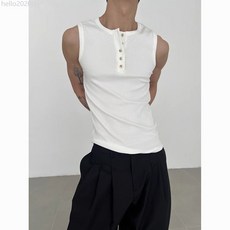 高級感美式亨利領螺紋坎肩背心男夏季休閒運動健身白色無袖T恤，舒適透氣，展現時尚品味