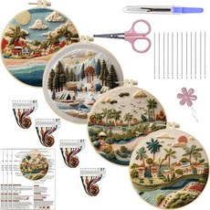 DIY刺繡風景手工布藝材料包套件, 高山風雪（非成品25cm布）,m仿竹繡繃+粉剪刀+拆線器+梅花穿線器）, 1個